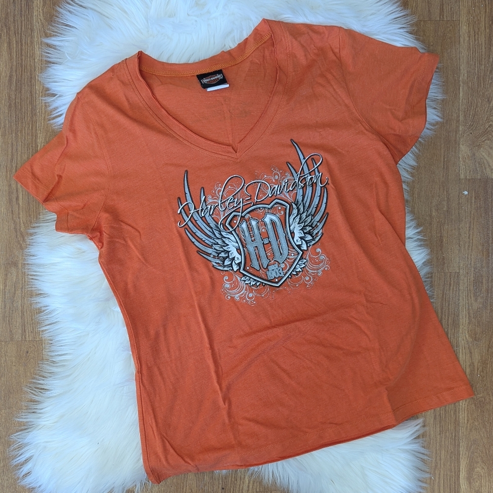 Harley Davidson Orange V-neck T-shirt With Metallic Wings Print